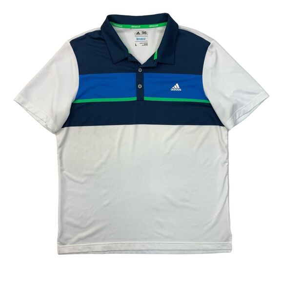 Adidas Polo Shirt Mens L Large Navy Cream Golf ClimaCool Engineered Colorblock - Picture 1 of 12